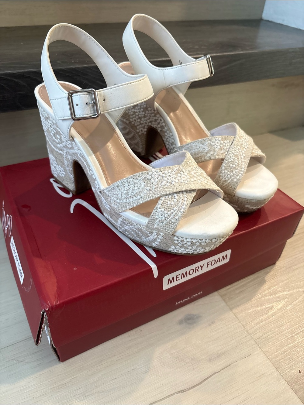 Impo Embroidered Cream Wedge Sandals with Ankle Strap